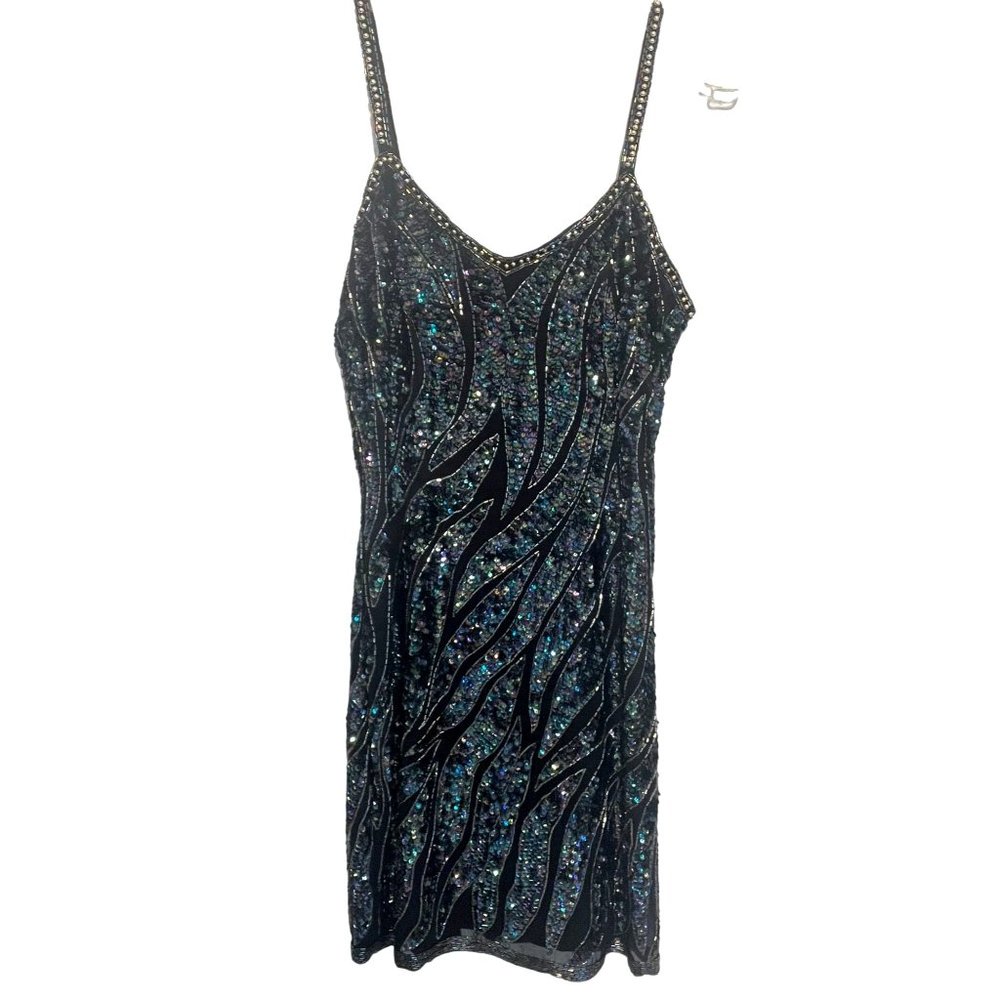 ESCAPADES VINTAGE MULTICOLOR SEQUIN SILK COCKTAIL DRESS BLACK SIZE 8